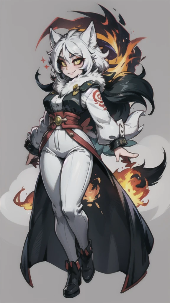 green disc, flaming disc, fire disc, wolf girl ,white body/fur, red markings/tattoo, black sclera, yellow eyes, ((((sfw)))), white tunic, white pants, smile, goddess,