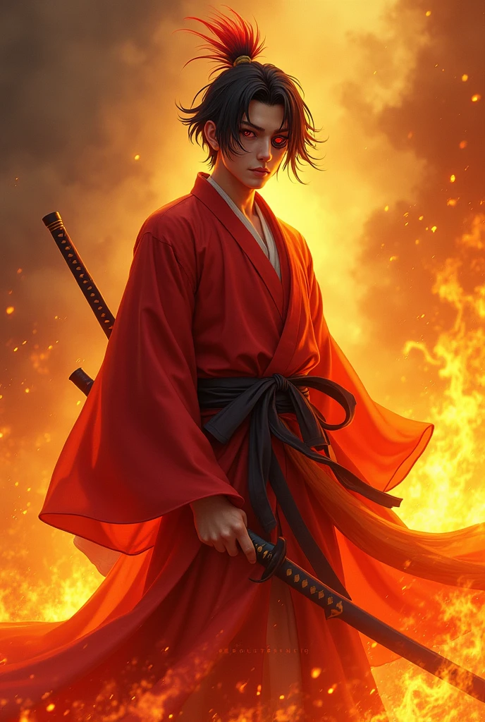 A man with short black hair with a red gradient with a red kimono with a yellow gradient with tips similar to fire with a black sword at his waist one black eye and another red who wears a red and orange hat showing his entire body and he is in the middle of flames 
