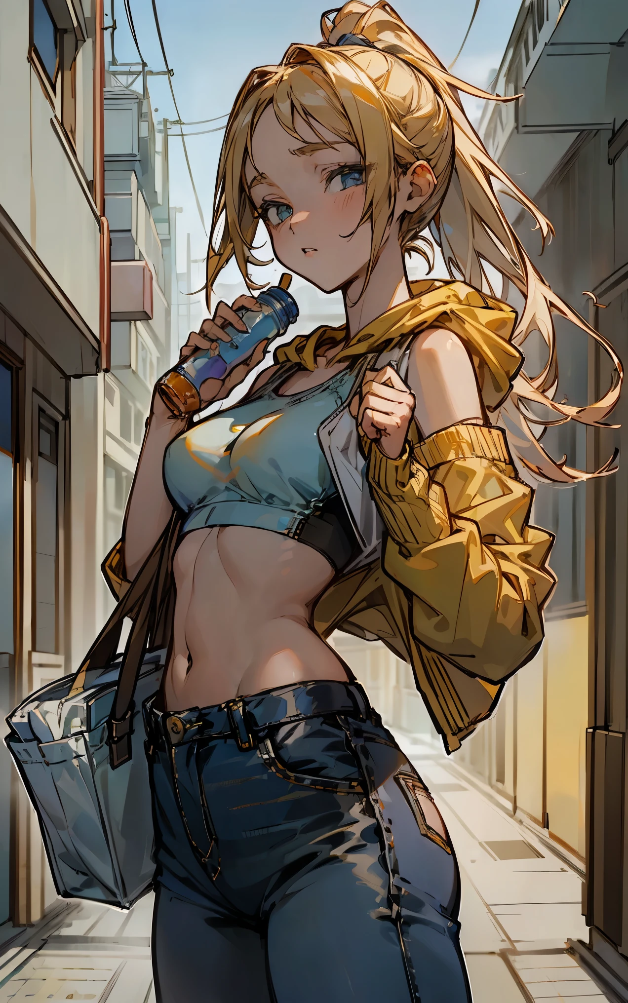 (((Masterpiece))), (((Best Quality))),Ultra High Resolution, Caustics, Detailed, (Beautiful Detailed Eyes),Perfect Anatomy,nsfw,20 year old beauty,slender body,oily skin, gleaming skin,shiny skin,medium breasts,blue eyes,sad, pondering, long hair, ponytail with two wisps front, yellow multi-colour hair, white hoodie, sexy bra, sport bra, bralette bra、Denim Microshorts、bustling street、congestion, mini short jeans, yoja panties, exercising , sweeting, holding water bottle, looking down at the viewer.