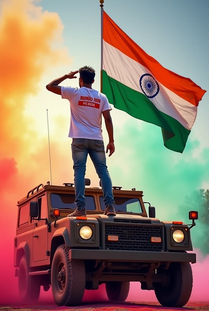 Backside Neeraj saini name t-shirt, stand on military car ,gulal,slute India flag