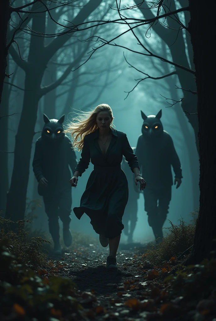 Blonde woman chased through the night forest by men wearing animal masks