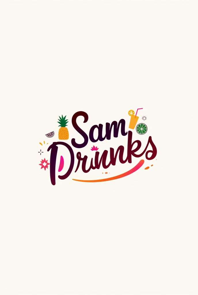 Design a modern and tropical logo for 'SamDrinks'. Use a bold, elegant font with smooth, rounded edges, making the text stand out with a gradient blend of sunset colors (orange, pink, and purple). Incorporate subtle, stylized icons of a cocktail shaker and tropical fruits like a pineapple and a slice of lime, arranged around the text or as part of the background. The overall look should be vibrant and inviting, capturing the essence of fun, refreshing, and handcrafted beverages.