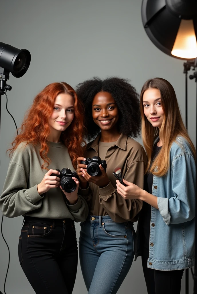 A group portrait of three young women working together in a photography studio. The first is a photographer with wavy, reddish hair holding a camera and focused on taking pictures. The second one is a Black photographer., holding another camera, capturing images in the studio. The third is a makeup artist, a fair-skinned young woman with long, straight hair, holding makeup brushes and working on their materials. The scene takes place in a professional photography studio, with a neutral background and lighting equipment around, creating a creative and collaborative atmosphere. The three are dressed in modern, casual clothes., reflecting your individual style.