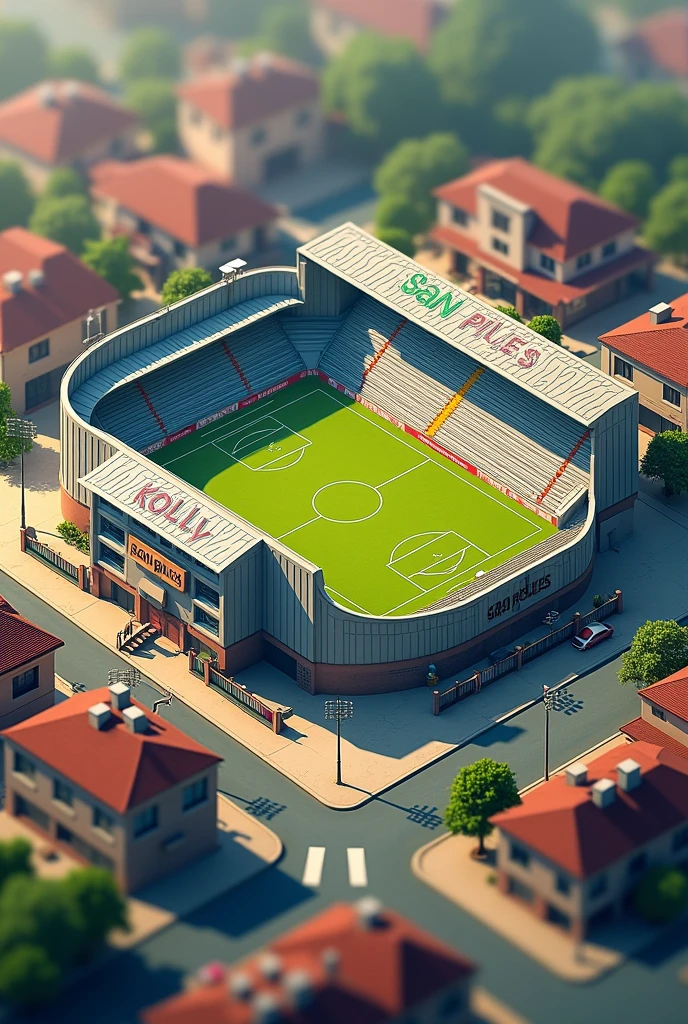 A small and modest realistic football stadium, for a team called "San Pilines FC"