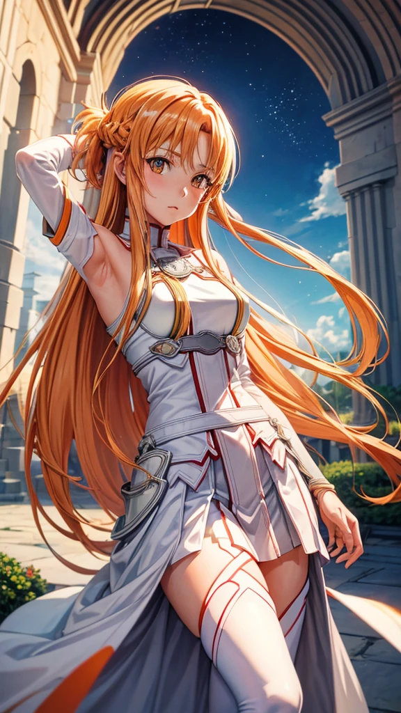 masterpiece, Highest quality, One girl, Has long orange hair and orange eyes、Anime girl in white armor and white pants, Yuuki Asuna from sword art online, Yuuki Asuna, torn armor,  Armpit details, Detailed face, Detailed eyes, up skirt