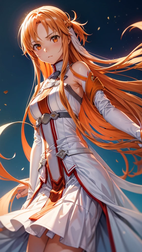 masterpiece, Highest quality, One girl, Has long orange hair and orange eyes、Anime girl in white armor and white pants, Yuuki Asuna from sword art online, Yuuki Asuna, torn armor,  Armpit details, Detailed face, Detailed eyes, up skirt