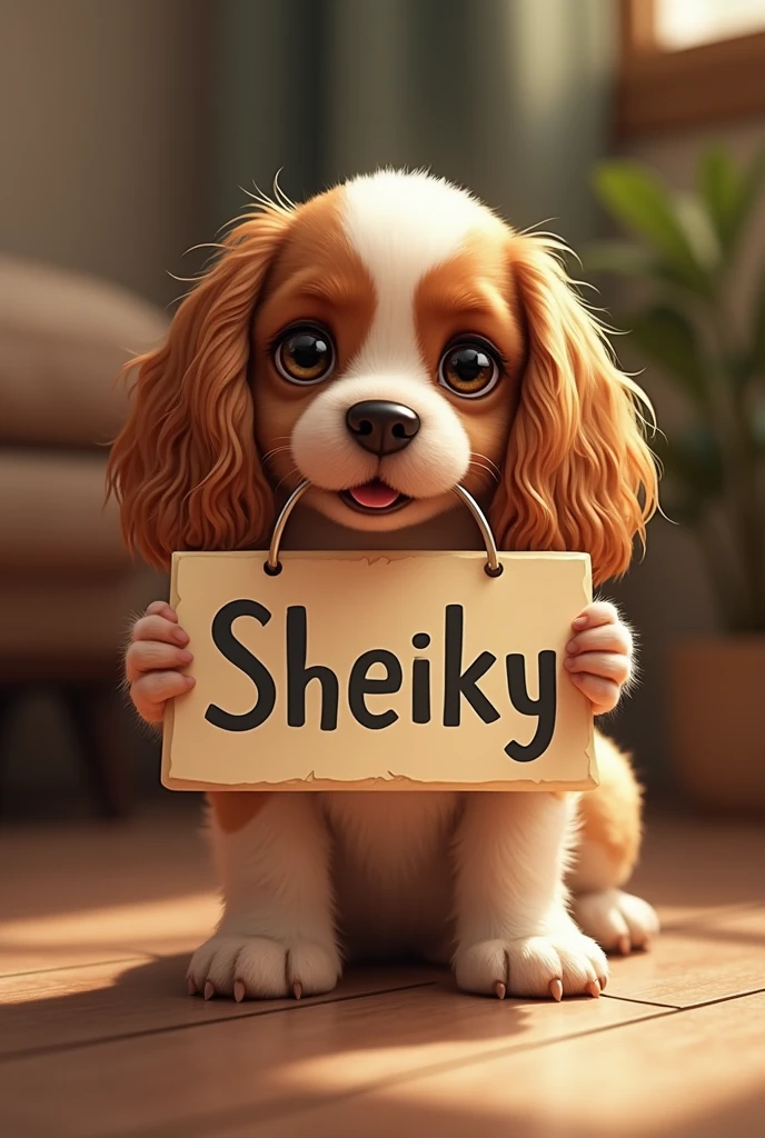 Cocker spaniel with a sign that says "Sheiky"