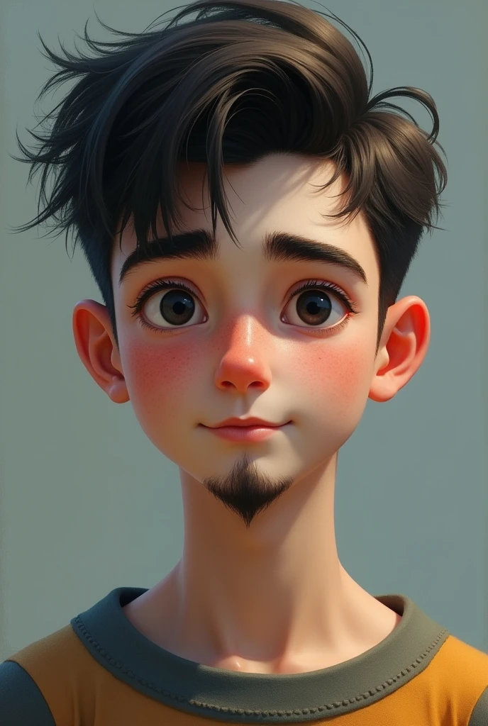 A boy with white skin tone... Little bit beard on his chin only... ager... Black eyes... Little skinny... European.. black and small hair...