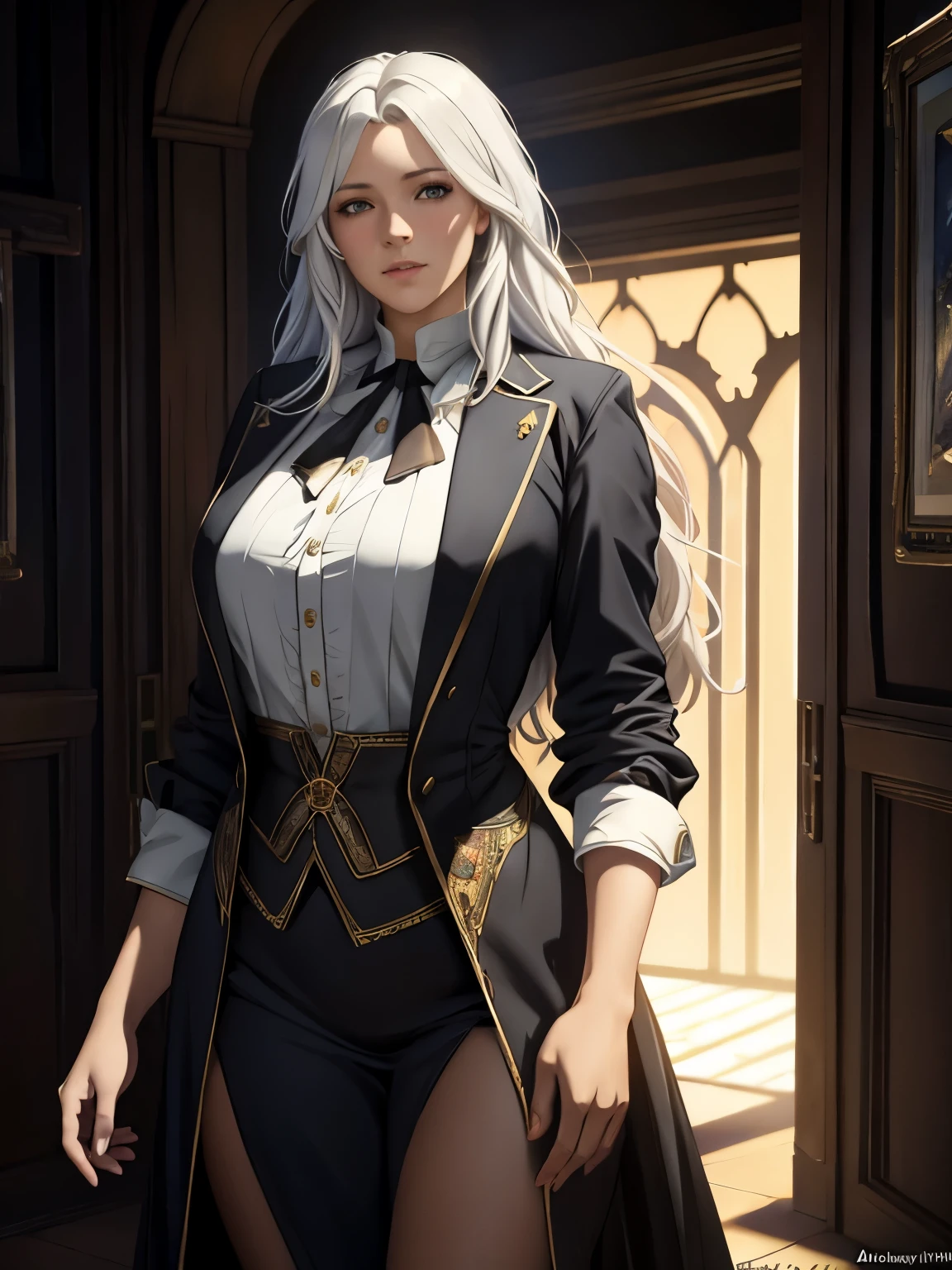 hyperrealistic female character art by david hockney and alphonse mucha, fantasy art, realistic art, dynamic lighting, artstation, volumetric lighting, very detailed faces, 8 k,full HD, award-winning,, 1girl, in the dark, deep shadow, discreet, cowboy shot, (official outfit: 1.4), long hair, white hair, hair with black lights