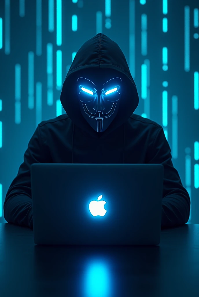 In this image, a mysterious figure is depicted sitting in front of a laptop. The person is wearing a hooded jacket, which adds to the enigmatic atmosphere. The face is completely obscured by a futuristic, glowing mask that emits a bright, neon blue light, forming a sleek and intimidating design.

The laptop in front of the figure is also illuminated, with the logo on it glowing. The background is filled with vertical lines of light, reminiscent of data streams or digital rain, giving the impression that this figure is engaged in some high-tech, possibly clandestine activity. The overall mood of the image is one of secrecy, technology, and cyber presence, suggesting the person might be a hacker or someone deeply involved in the digital world.
