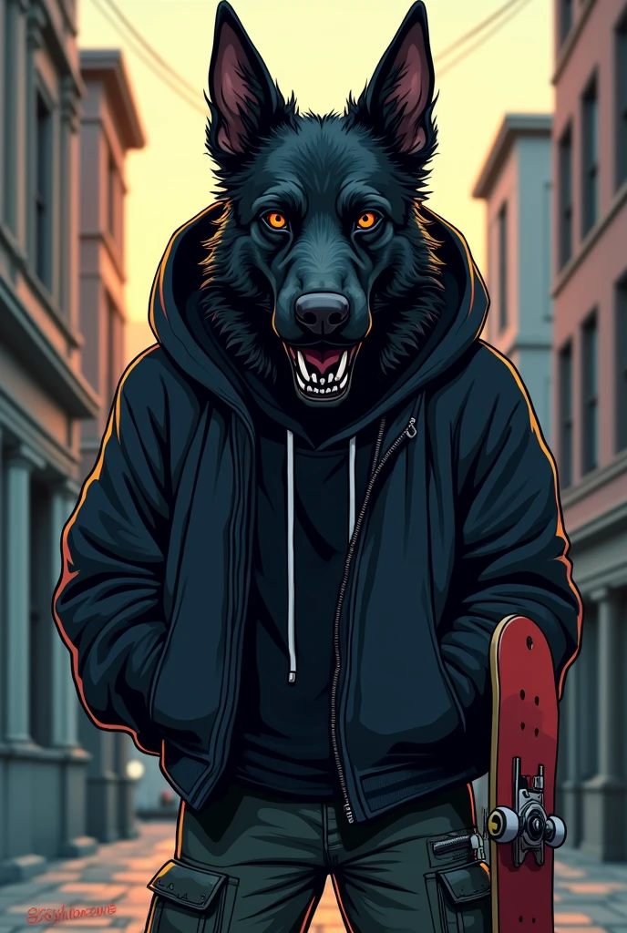 German Shepherd Dog Black Coat Human, wearing baggy skater clothes in gangster style, com um skate, evil face and scar on the eye, artwork style: cartoon
