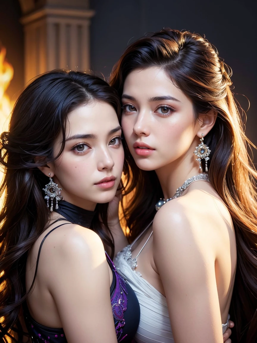 (highest quality, masterpiece, Ultra-high resolution, Photorealistic:1.4), two girls are deeply in love with each other, kiss, Looking at the camera, Beautiful fine details, Detailed skin, Detailed lips, Long eyelashes, Full body portrait, Graceful posture, flowing hair, jewelry, Delicate earrings, Vibrant colors, In front of the blazing fire, Slightly blurred background, Realistic lighting, Captivating Expressions, Cowboy Shot,
