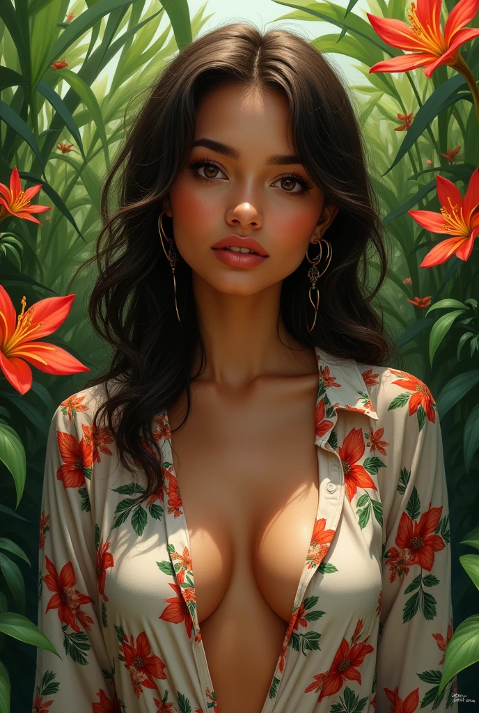A Brazilian woman in a lush tropical garden, wearing an open shirt with a floral print, with a close-up capturing the harmonious beauty between her breasts and the natural flowers, showing off your natural charm and outgoing personality.