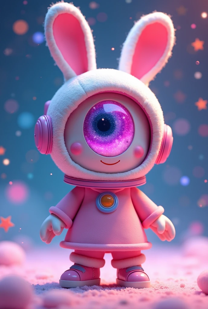 A vibrant and whimsical concept) with just one big eye not two just one eye female bunny not human, (cosmic themed) space helmet, (adorable outfit) cute shirt with skirt, bright pink iris, galaxy details within iris, soft pastel colors, cheerful ambiance, imaginative setting, celestial background with twinkling stars, high detail, 4K resolution, enchanting and dreamy atmosphere. She just has one eye