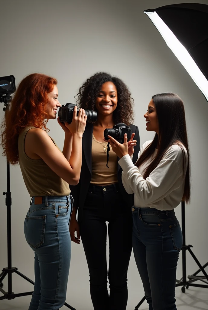 A group portrait of three young women working together in a photography studio. The first is a photographer with wavy, reddish hair holding a camera and focused on taking pictures. The second one is a Black photographer., holding another camera, capturing images in the studio. The third is a makeup artist, a young woman with fair skin, long straight black hair, holding makeup brushes and working on their materials. The scene takes place in a professional photography studio, with a neutral background and lighting equipment around, creating a creative and collaborative atmosphere. The three are dressed in modern, casual clothes., reflecting your individual style.