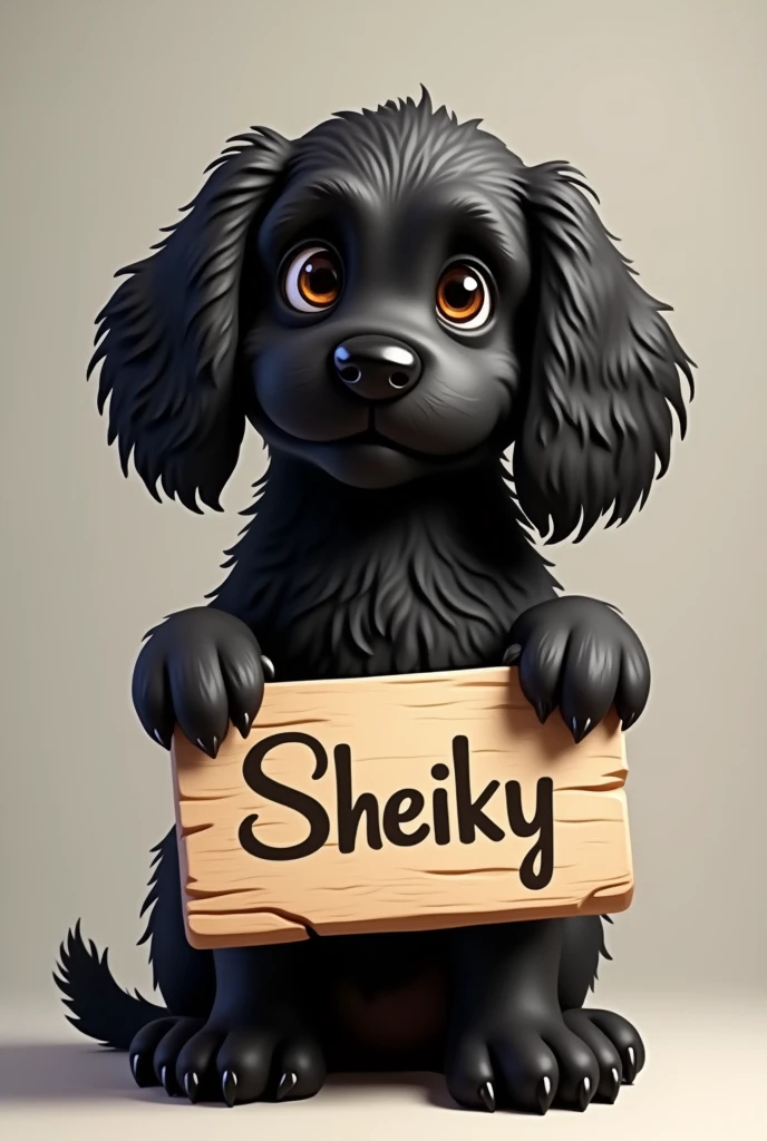 Black cocker spaniel dog with a sign that says the name Sheiky 