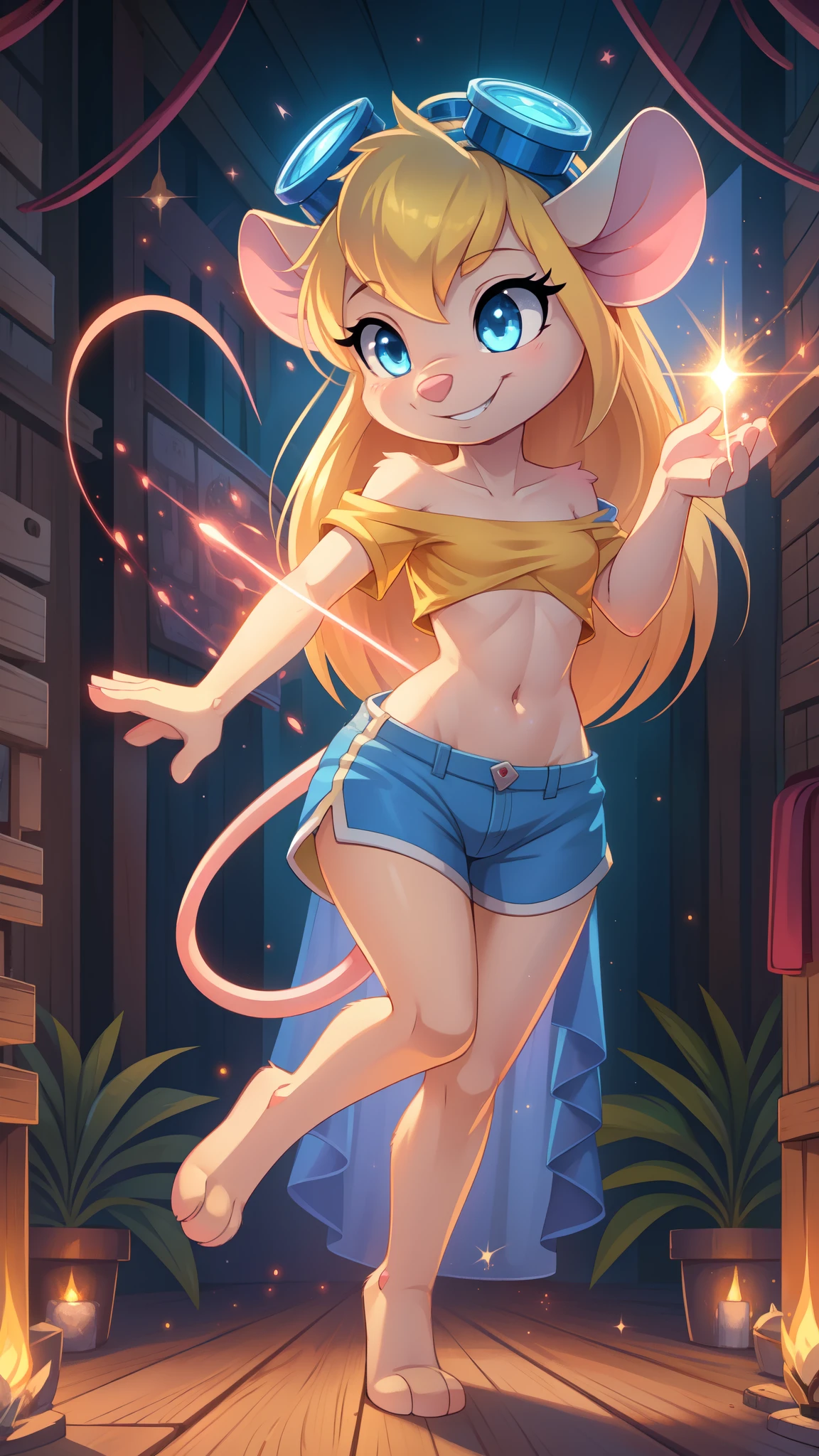 Score_9,score_8_up,score_7_up, source_cartoon, source_furry, Gadget Hackwrench, young, mouse, blonde hair, long hair, narrowed eyes, blue eyes, pink nose, body fur, small breasts, detailed body fur, detailed face, detailed eyes, glistering body, shiny body, gorgeous body, masterpiece, high quality, ((goggles, yellow shirt, one shoulder, midriff, blue shorts)), skinny, :3, full body, feets with three toes, 3 toes, short body, tiny body, cute, anime style, thicker lines, grin, magic tattos surrounded all body, magic spell, magic aura surrounded all body, glowing body, glow red eyes, sparkling body, sexy, magic particles, magic girl transformation effect, detailed Illumination, front Illumination,