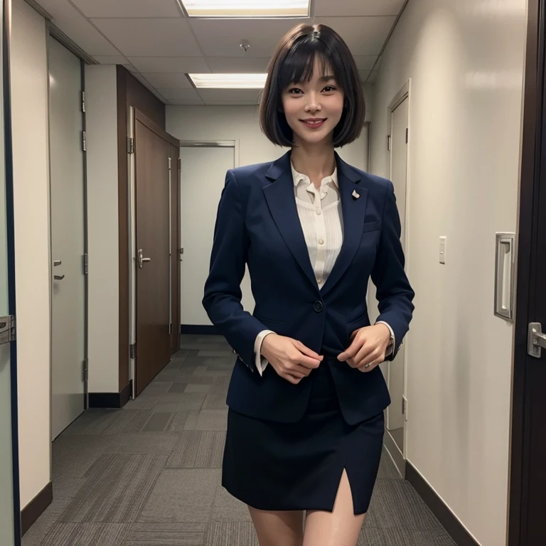 Masterpiece、8k、Very realistic、Japanese、One person、woman、Skinny athletic model body、Flat Chest、tall、Description：whole body、50 years old、(Hairstyle：Bangs(1.6))、In the office、The best smile、clothing：Wearing a navy suit and a navy skirt.、