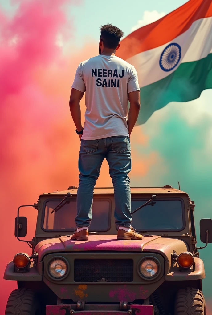 Backside Neeraj saini name t-shirt , stand on military car ,gulal, indian flag