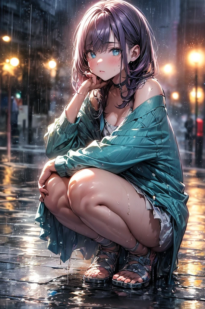 (amazing detail, amazing eyes masterpiece, best quality:2.0, depth of field hdr 8k 4k wallpaper cinematic angle, cinematic lighting:1.5), (master quality, amazing detail, amazing eyes), 1girl, out at night in the pouring rain wearing nothing but her teal-coloured pyjama top, pyjama top is coloured teal, extremely detailed purple eyes, depressed expression, extreme detail, sat on the ground with her knees up, cuddling her knees, short purple hair, **-****-***, young woman, outside, very small B-cup breasts, lots of raindrops, heavy rain, soaking wet, sat cradled on the ground, huddled, dark, very dark night, only light source is a street light, naked, teal clothing, pavement, sidewalk, dull light, sitting on her bum, bum on the ground, knees up in front of her, 