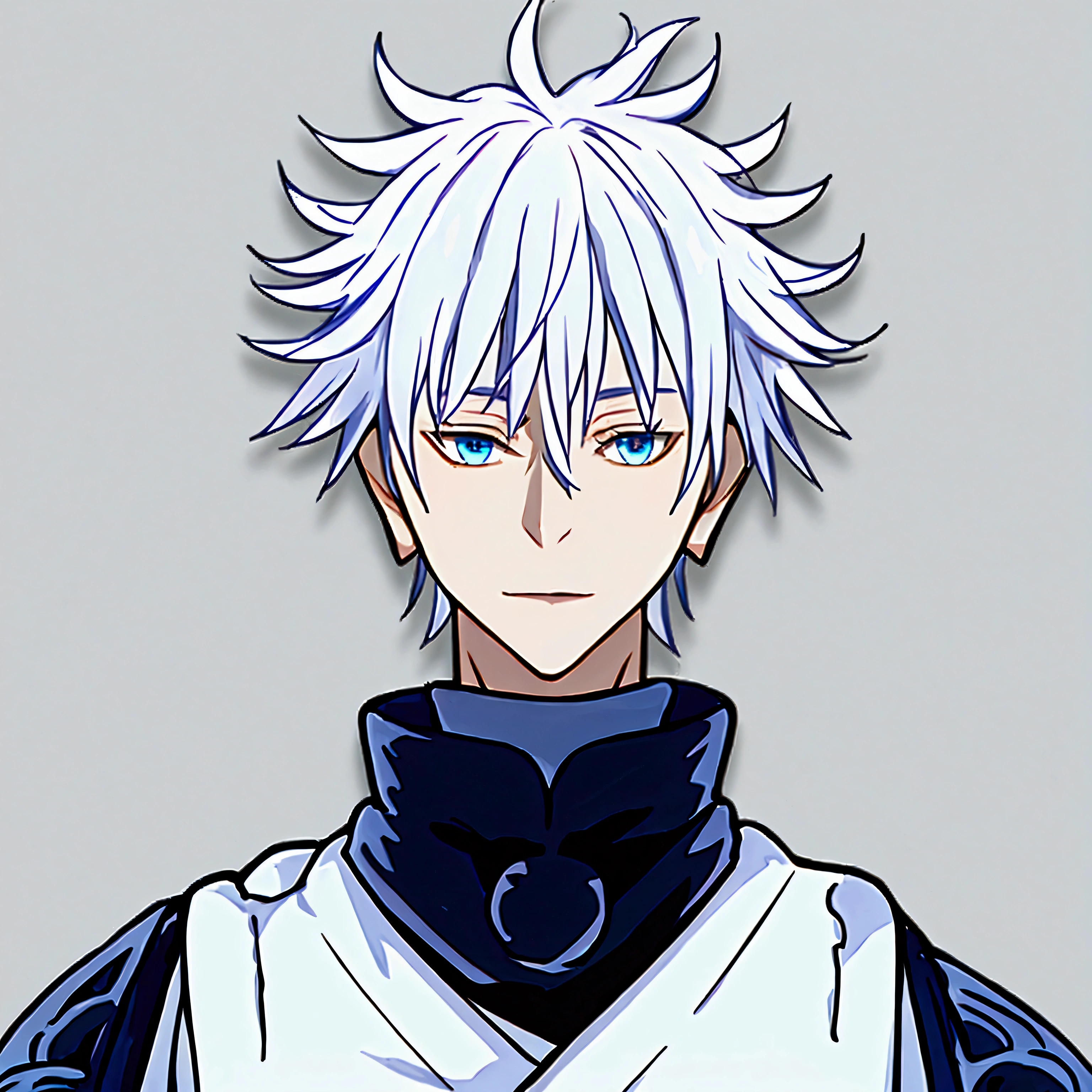 masterpiece, best quality, simple background, simple background, white background, portrait, solo, 1man, white hair, light blue eyes, gojo satoru from jujutsu kaisen, village clothes
