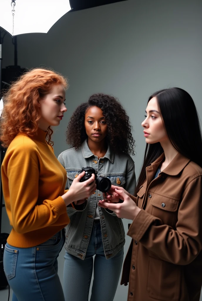 A group portrait of three young women working together in a photography studio. The first is a photographer with wavy, reddish hair holding a camera and focused on taking pictures. The second one is a Black photographer., holding another camera, capturing images in the studio. The third is a makeup artist, a young woman with fair skin, long straight black hair, holding makeup brushes and working on their materials. The scene takes place in a professional photography studio, with a neutral background and lighting equipment around, creating a creative and collaborative atmosphere. The three are dressed in modern, casual clothes., reflecting your individual style.