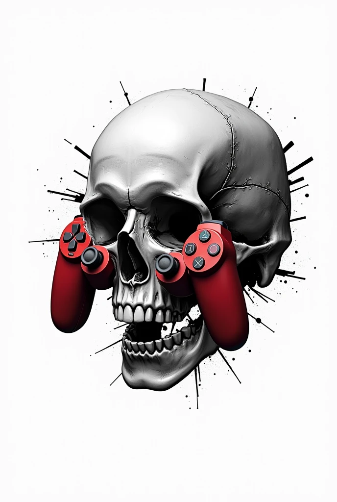A black and white skull with a white background with a red PlayStation controller breaking the skull in the brain region