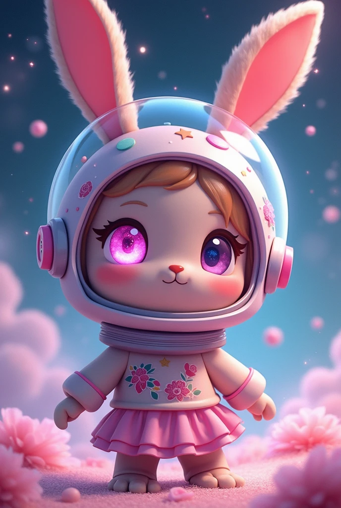 A vibrant and whimsical concept) with just one big eye not two just one eye female brown bunny not human, (cosmic themed) space helmet, (adorable outfit) cute shirt with skirt, bright pink iris, galaxy details within iris, soft pastel colors, cheerful ambiance, imaginative setting, celestial background with twinkling stars, high detail, 4K resolution, enchanting and dreamy atmosphere. She just has one eye 