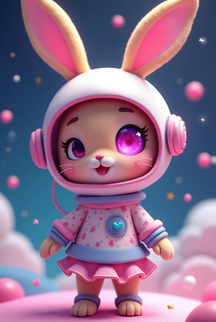 A vibrant and whimsical concept) with just one big eye not two just one eye female brown bunny not human, (cosmic themed) space helmet, (adorable outfit) cute shirt with skirt, bright pink iris, galaxy details within iris, soft pastel colors, cheerful ambiance, imaginative setting, celestial background with twinkling stars, high detail, 4K resolution, enchanting and dreamy atmosphere. She just has one eye