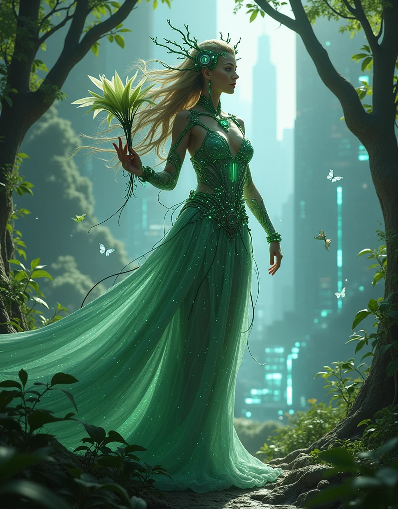 (Goddess of Nature and Technology Fusion:1.4), (masterpiece:1.4, best quality), (photo realistic:1.4), an ethereal and powerful figure, embodying the perfect harmony between nature and advanced technology, dressed in a flowing gown made of bioluminescent vines and cybernetic threads, adorned with glowing circuits, leaves, and metallic flowers, (hair flowing like vines intertwined with fiber-optic cables:1.2), (eyes glowing with a soft, neon light, reflecting both organic and digital elements:1.2), one hand gently cradling a blooming flower with robotic petals, the other holding a futuristic device with roots growing around it, surrounded by floating holographic leaves, digital butterflies, and pixelated particles merging with natural elements, (background of a lush, verdant forest merging seamlessly with a futuristic cityscape, filled with glowing trees, digital streams, and organic skyscrapers:1.2), (soft yet vibrant lighting that highlights the fusion of organic and synthetic:1.2), (dynamic, balanced pose that conveys her mastery over both realms:1.2), rich textures, vibrant and harmonious colors, (emerald greens:1.2), (soft blues:1.2), (glowing silvers and neon accents:1.2), (dynamic composition with flowing lines and a sense of unity between nature and technology:1.2), high-quality and detailed, (awe-inspiring and futuristic atmosphere:1.2), mesmerizing and harmonious, perfect image quality, symbolizing the fusion of nature and technology, captivating and serene presence