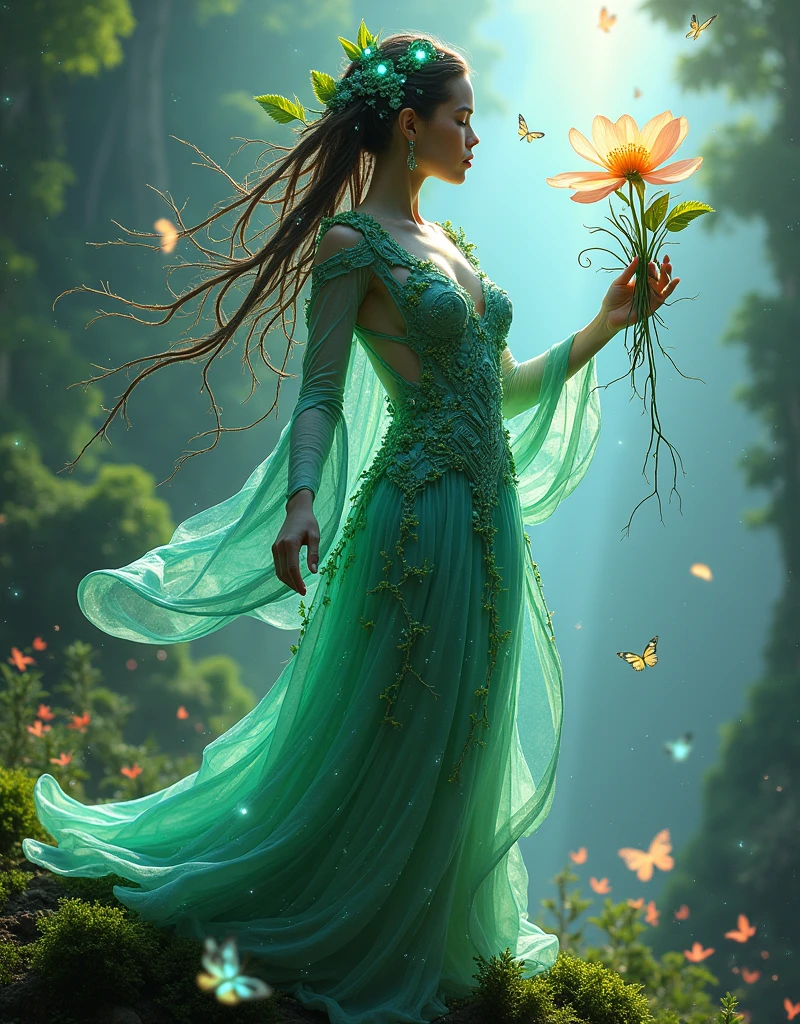 (Goddess of Nature and Technology Fusion:1.4), (masterpiece:1.4, best quality), (photo realistic:1.4), an ethereal and powerful figure, embodying the perfect harmony between nature and advanced technology, dressed in a flowing gown made of bioluminescent vines and cybernetic threads, adorned with glowing circuits, leaves, and metallic flowers, (hair flowing like vines intertwined with fiber-optic cables:1.2), (eyes glowing with a soft, neon light, reflecting both organic and digital elements:1.2), one hand gently cradling a blooming flower with robotic petals, the other holding a futuristic device with roots growing around it, surrounded by floating holographic leaves, digital butterflies, and pixelated particles merging with natural elements, (background of a lush, verdant forest merging seamlessly with a futuristic cityscape, filled with glowing trees, digital streams, and organic skyscrapers:1.2), (soft yet vibrant lighting that highlights the fusion of organic and synthetic:1.2), (dynamic, balanced pose that conveys her mastery over both realms:1.2), rich textures, vibrant and harmonious colors, (emerald greens:1.2), (soft blues:1.2), (glowing silvers and neon accents:1.2), (dynamic composition with flowing lines and a sense of unity between nature and technology:1.2), high-quality and detailed, (awe-inspiring and futuristic atmosphere:1.2), mesmerizing and harmonious, perfect image quality, symbolizing the fusion of nature and technology, captivating and serene presence