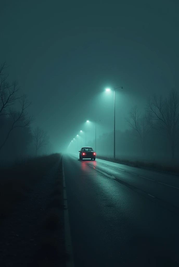 Haunted highway road at night with an eerie car 