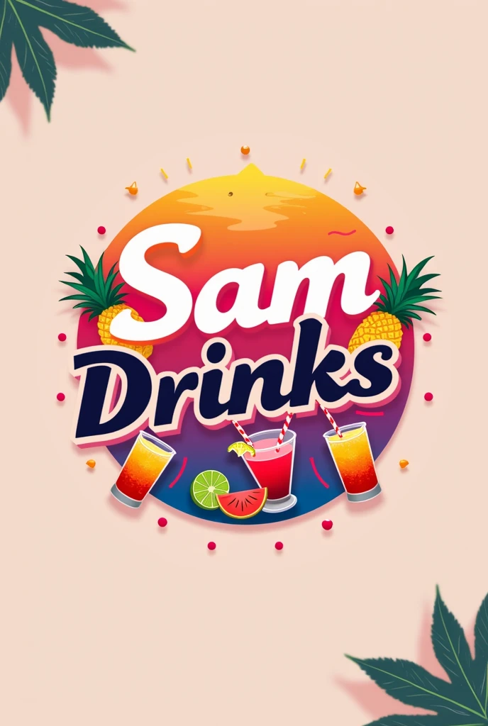 Design a modern and tropical logo for 'SamDrinks'. Use a bold, elegant font with smooth, rounded edges, making the text stand out with a gradient blend of sunset colors (orange, pink, and purple). Incorporate subtle, stylized icons of a cocktail shaker and tropical fruits like a pineapple and a slice of lime, arranged around the text or as part of the background. The overall look should be vibrant and inviting, capturing the essence of fun, refreshing, and handcrafted beverages., WITH CUPS OF DRINKS BACK AROUND
