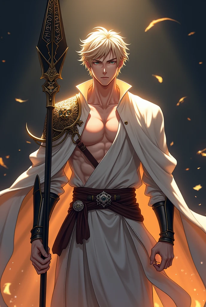 ((masterpiece)), ((High Definition)). A man in the center in anime style. He is handsome, attractive and distant. He wore light armor that covered few parts of his body., highlighting their confidence, leaving his chest and arms exposed, instilling respect. He emanates a fiery aura of divinity and silver magic. He holds in one of his hands a black crystal spear, with magical runes inscribed. The lighting is soft, highlighting his facial features and his imposing presence. with a dark background. Dynamic court pose, that leaves a golden trail.