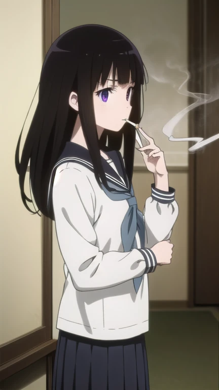 eruchitanda, eru chitanda, long hair, black hair, bangs, blunt bangs, (purple eyes:1.1), sidelocks, 
BREAK skirt, school uniform, serafuku, kamiyama high school uniform \(hyouka\), black skirt, long sleeves, black sailor collar,
BREAK indoors, classroom,
BREAK looking at viewer, (cowboy shot:1.5),
BREAK (masterpiece:1.2), best quality, high resolution, unity 8k wallpaper, (illustration:0.8), (beautiful detailed eyes:1.6), extremely detailed face, perfect lighting, extremely detailed CG, (perfect hands, perfect anatomy),(Smoking a cigarette:1.5),Cigarette smoke, A displeased expression, glaring at me