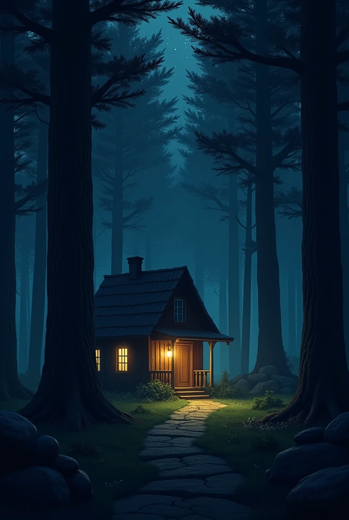 A forest with a small house on a shadowy night