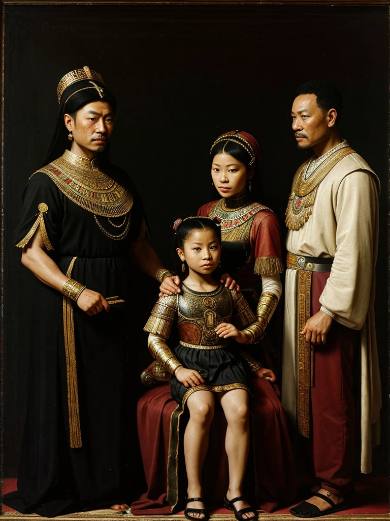 A family of black chinese wearing ancient egyptian royal clothes, caravaggio 17th century oil painting