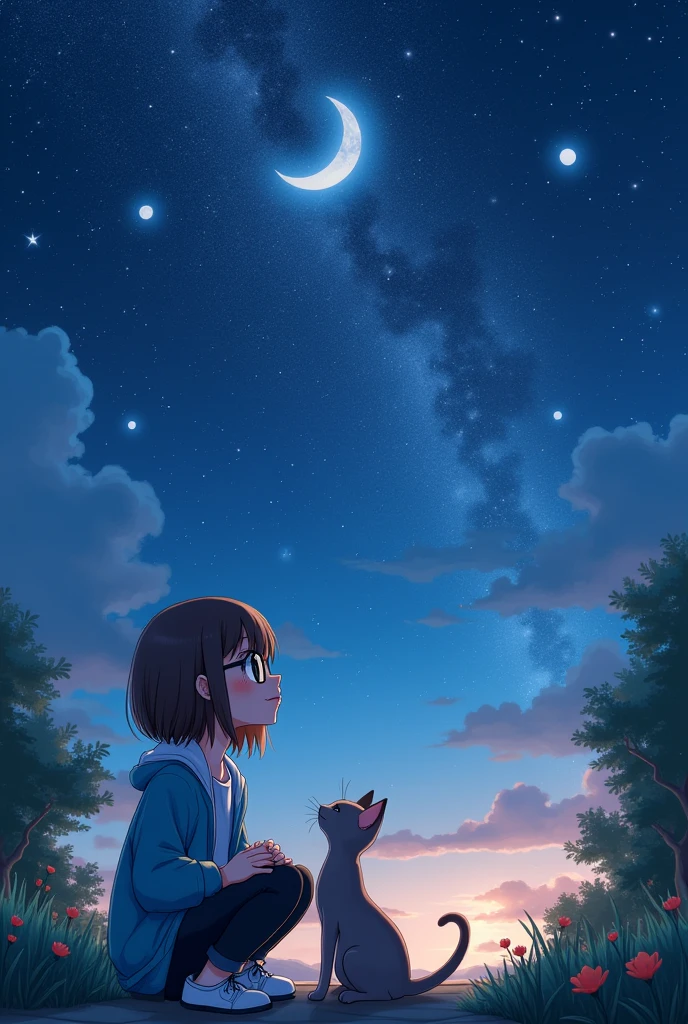 A girl with her kitten sitting beside her, Girl with medium length hair, slightly straight, brown, Black Prescription Glasses, with black pants, Blue jacket, white blouse, Lara's shoe already white, skin fair, red lipgloss stick. They are looking at the starry sky in a very clean garden, The sky is full of stars and the moon is very bright