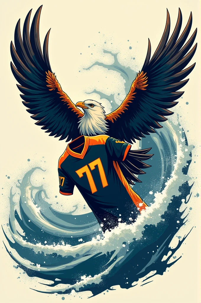 Team shirt with number 77, with a bird carrying it, with strong winds around.