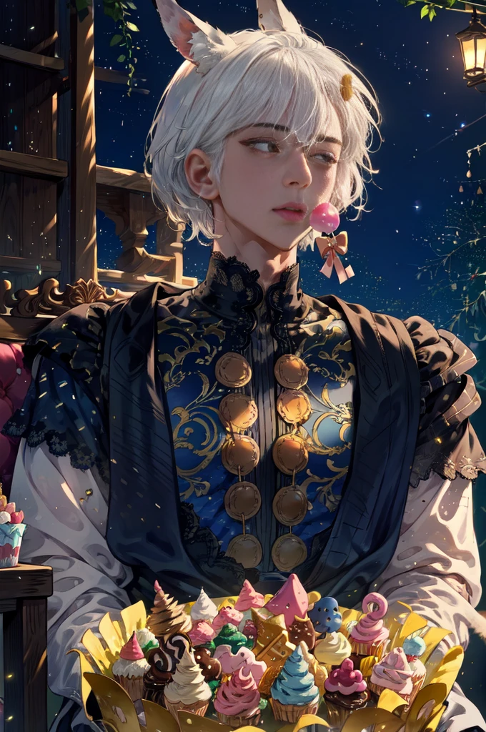 1boy in, ((comic strip))、(Multiple english texts)、(Voice bubbles)、short hair, handsome, Pastel muted colors, (The color palette is yellow:1.2, Blue:1.2, Pink:1.2), (White hair and red), Short Fashion male outfit, Sitting on a throne made of sweets and pastries, For example, donut, sprinkle, candy, lollipop, candy cane, a cake, cupcake, Cake Pop, Ruffles and lace, polka dot, Long bat ears