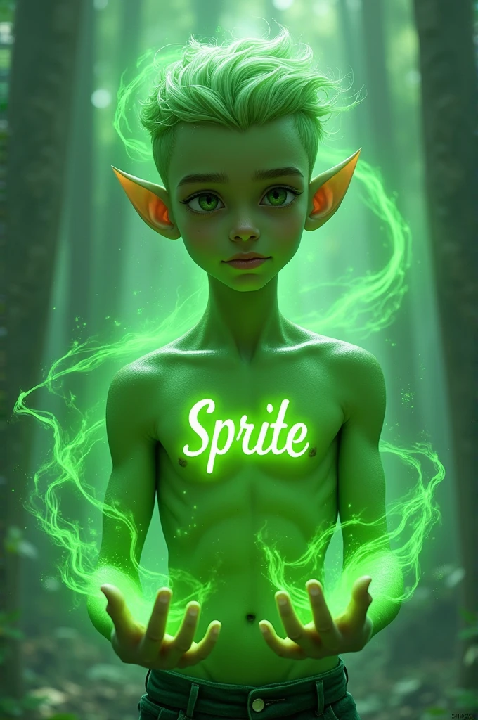 Boy
With no hair
Green skin
On his chest is written Sprite
Green magic around him