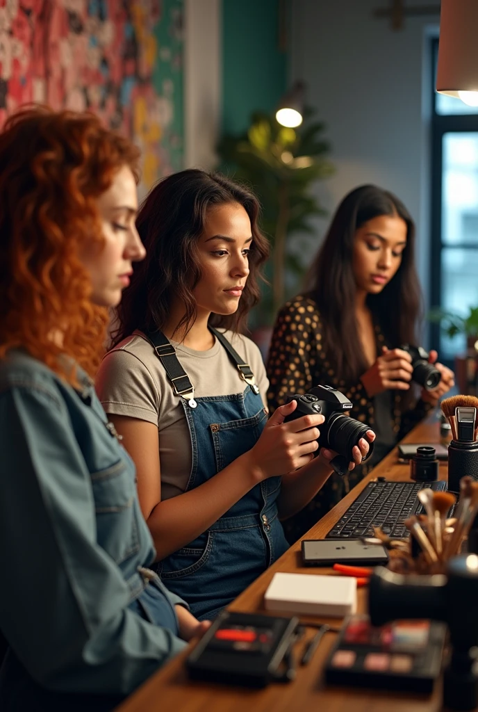 A group portrait of three young women working together in a photography studio. The first is a photographer with wavy, reddish hair holding a camera and focused on taking pictures. The second one is a Black photographer., holding another camera, capturing images in the studio. The third is a makeup artist, a young woman with fair skin, long straight black hair, holding makeup brushes and working on their materials.
