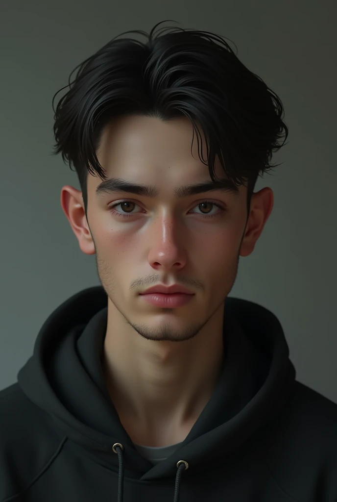 A boy with white skin tone... Little bit beard on his chin only... Teenager... Black eyes... Little skinny... European.. black and small hair... He is always serious