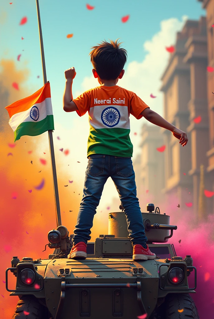 A young boy stands proudly under a clear blue sky, celebrating Independence Day on August 15th, 2024. He is wearing a vibrant tricolor T-shirt with his name "Rishav" printed on the back, along with a large image of the Ashoka Chakra. The sky above him features the words "Happy Independence Day 2024" in bold, festive letters. Indian flags are flying around him, and a sense of national pride fills the air as he salutes, symbolizing his love for the country.