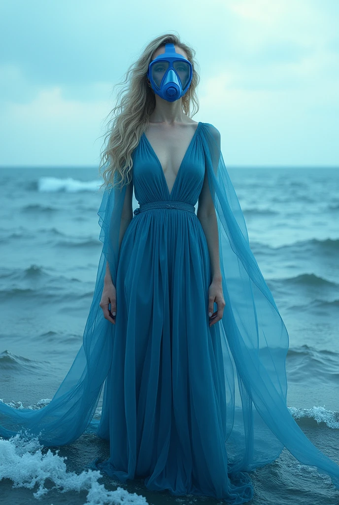 create a guardian entity of the waters, an elegant woman wearing a dress in the color of souls in the middle of the ocean with a blue drinking mask
