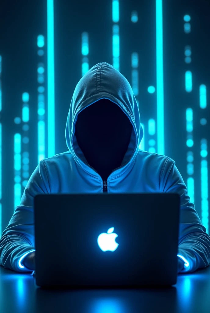 In this image, a mysterious person is seen sitting in front of a laptop.. The figure wears a completely hidden futuristic glow-in-the-dark costume that emits a bright neon blue light, creating a design that is both stylish and terrifying at the same time..
The laptop in front of the person is also lit up, with a logo glowing on it.. The background is filled with vertical lines of light, resembling streams of data or "digital rain", suggesting that this person is involved in high-tech and possibly clandestine activity.. The overall atmosphere of the image reflects secrecy, technology, and cyber presence, suggesting that the person may be a hacker or someone immersed in the digital world..