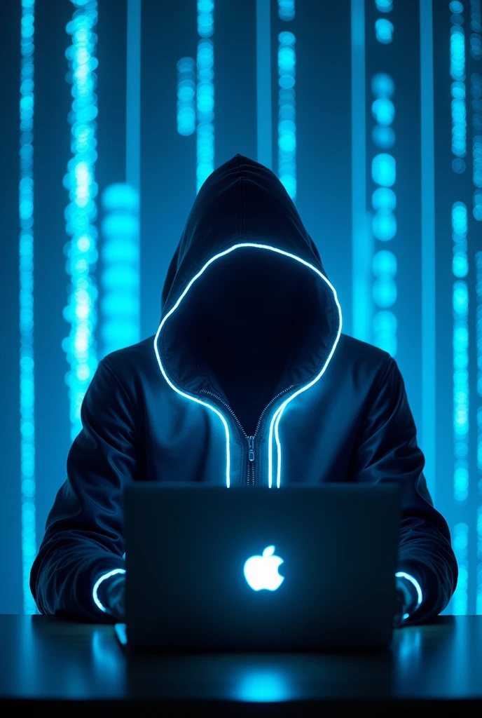 In this image, a mysterious person is seen sitting in front of a laptop.. The figure wears a completely hidden futuristic glow-in-the-dark costume that emits a bright neon blue light, creating a design that is both stylish and terrifying at the same time..
The laptop in front of the person is also lit up, with a logo glowing on it.. The background is filled with vertical lines of light, resembling streams of data or "digital rain", suggesting that this person is involved in high-tech and possibly clandestine activity.. The overall atmosphere of the image reflects secrecy, technology, and cyber presence, suggesting that the person may be a hacker or someone immersed in the digital world..