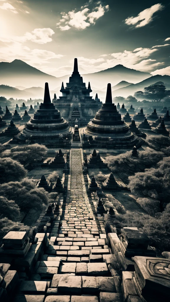 Borobudur style，in the distance, A huge and tall Buddha statue stands in the sky with sunset，Stare at the Earth，standing Buddha statue，Glowing light，glow effect，pilgrims on the road，surreal，Super real photos，real photography，8K，HD，high quality，masterpiece，Super fine，Chinese black and white ink style，（（（White））），decolorization，soil，ink，8K，Super fine，high quality，（（（Overclocked renderer）））