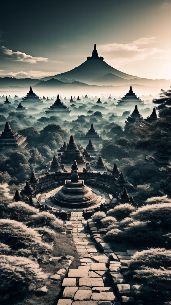 Borobudur style,in the distance, A huge and tall Buddha statue stands in the sky with sunset,Stare at the Earth,standing Buddha statue,Glowing light,glow effect,pilgrims on the road,surreal,Super real photos,real photography,8K,HD,high quality,masterpiece,Super fine,Chinese black and white ink style,(((White))),decolorization,soil,ink,8K,Super fine,high quality,(((Overclocked renderer)))