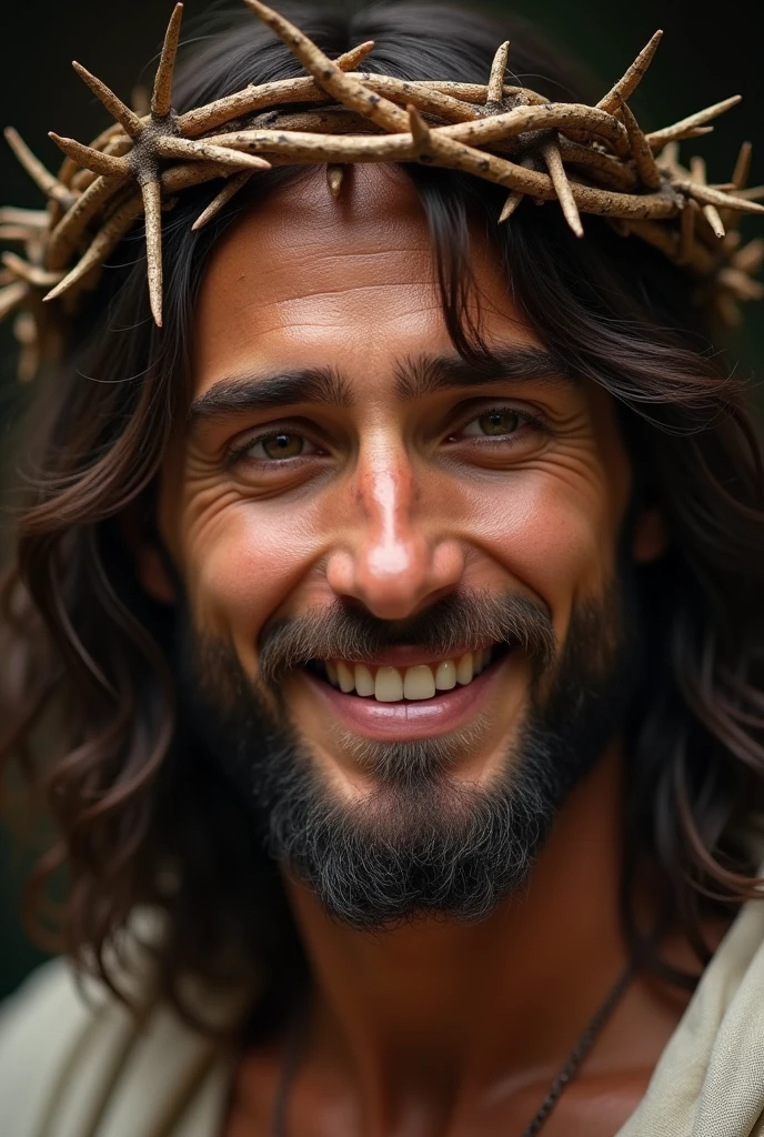 "A portrait of Jesus Christ focused only on his face, wearing the crown of thorns. He is smiling gently, with an expression of compassion and serenity. His eyes reflect peace and love, and his smile conveys a deep sense of hope and resilience, despite the crown of thorns. The soft light highlights his features and the spiritual significance of the scene."